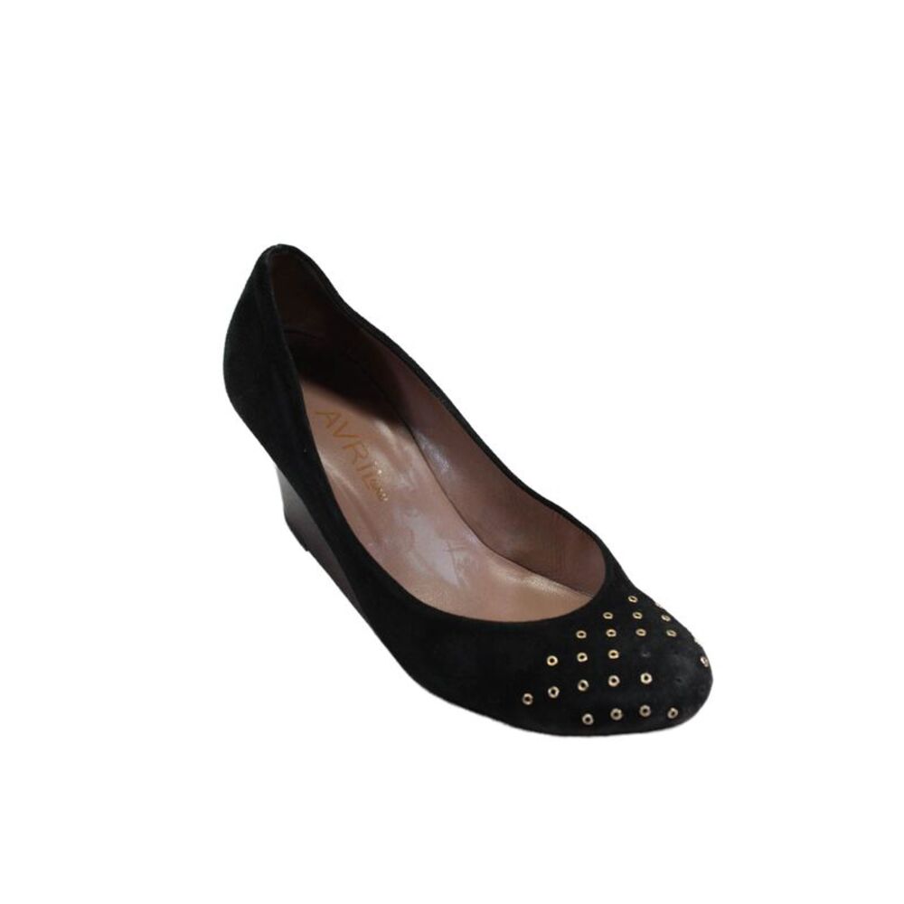 Avril Gau Women's Round Toe Studs Suede Slip-On Wedge Shoes Black Size 6
